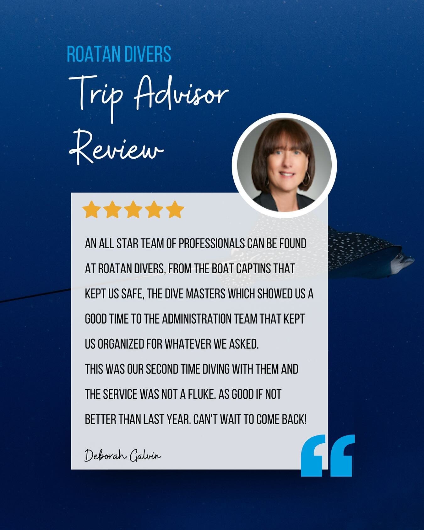 Deborah, thank you for returning to Roatan Divers for dive vacation, and we deeply appreciate your kind review!

If you would like to read more reviews about Roatan Divers, or leave one of your own, you can find links to our TripAdvisor and Google Re