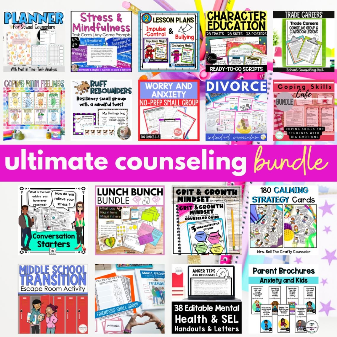 DID YOU HEAR THE NEWS??? 📣📣📣

 The Ultimate Counseling Bundle is here!!! BUT only until Friday April 26th!

This bundle is a carefully curated collection of 18 resources designed to help engage your students and make your counseling life easier.. 