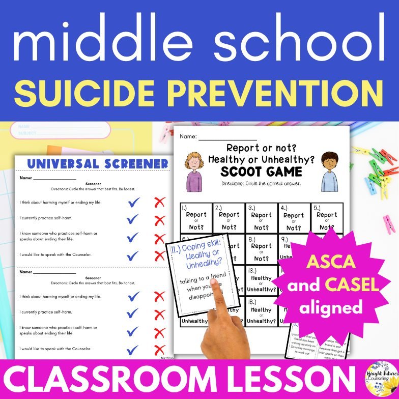 🚨 New Resource Alert 🚨 

Suicide prevention is a tough topic to teach but unfortunately, it's a reality. This middle school counseling suicide prevention lesson is thoughtfully designed to teach students how to be resilient and to identify risk fac