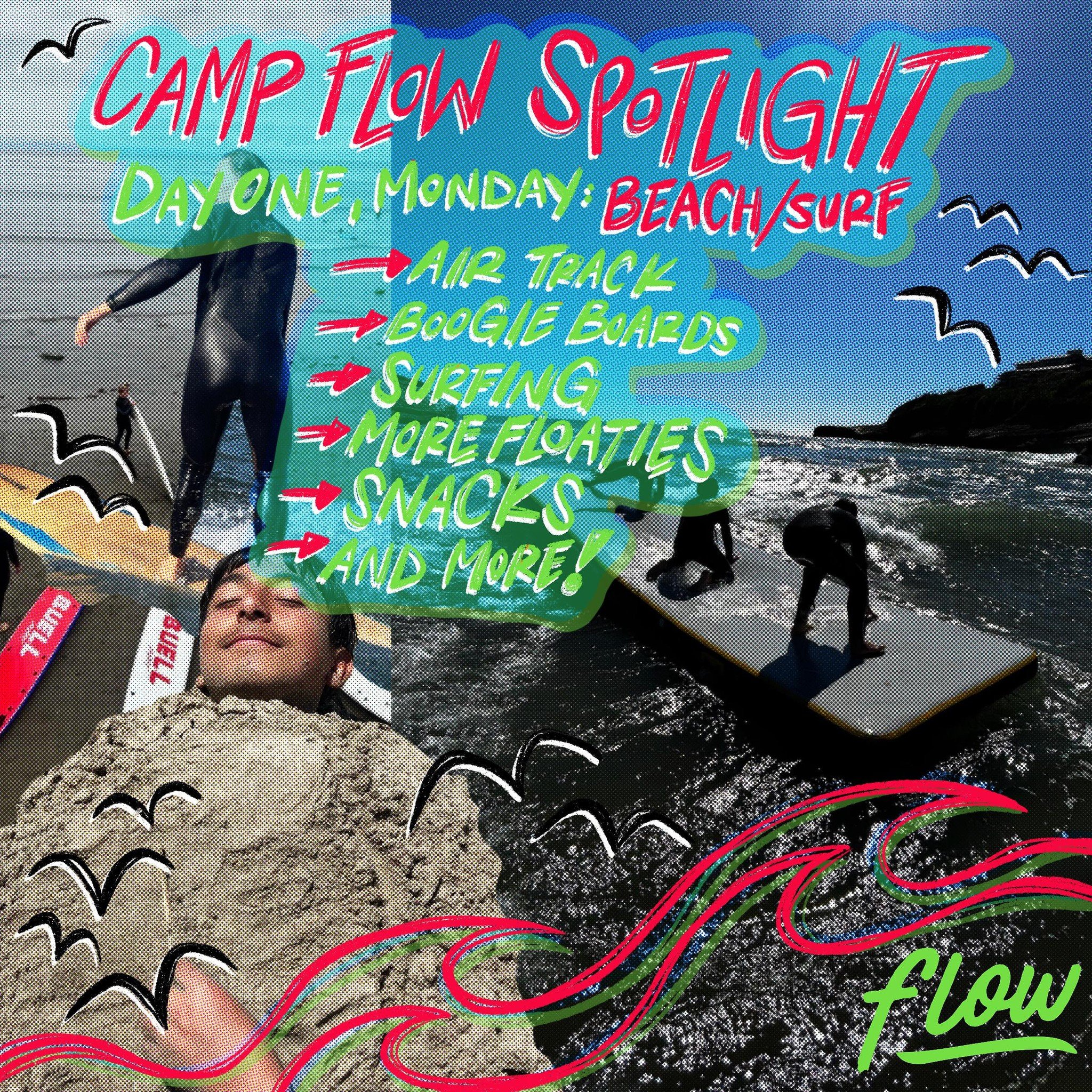 CAMP FLOW DAY ONE: Beach/Surf 🌊🏄🏽&zwj;♂️ HAVE YOU SIGNED UP FOR CAMP YET? Check out our bio if you&rsquo;re behind 👀 #flowlovesyou