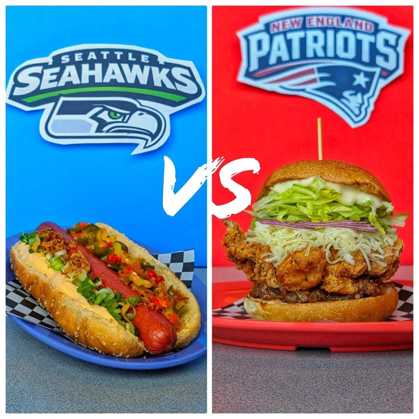 🏈ITS SUPERBOWL SHOWDOWN WEEK @CHKNCHOP! 🏈

🥊 2 SPECIALS GO HEAD-TO-HEAD 🥊

1. THE SEATTLE DOG

 🌭ALL BEEF STEAMED HOT DOG 
🧀SPICY CREAM CHZ
🌶️PICKLED PEPPER RELISH
🧅GREEN &amp; CRISPY ONIONS

2. THE NEW ENGLAND CHKN BAKE 

🍗FRIED CHKN
🥓🍎AP