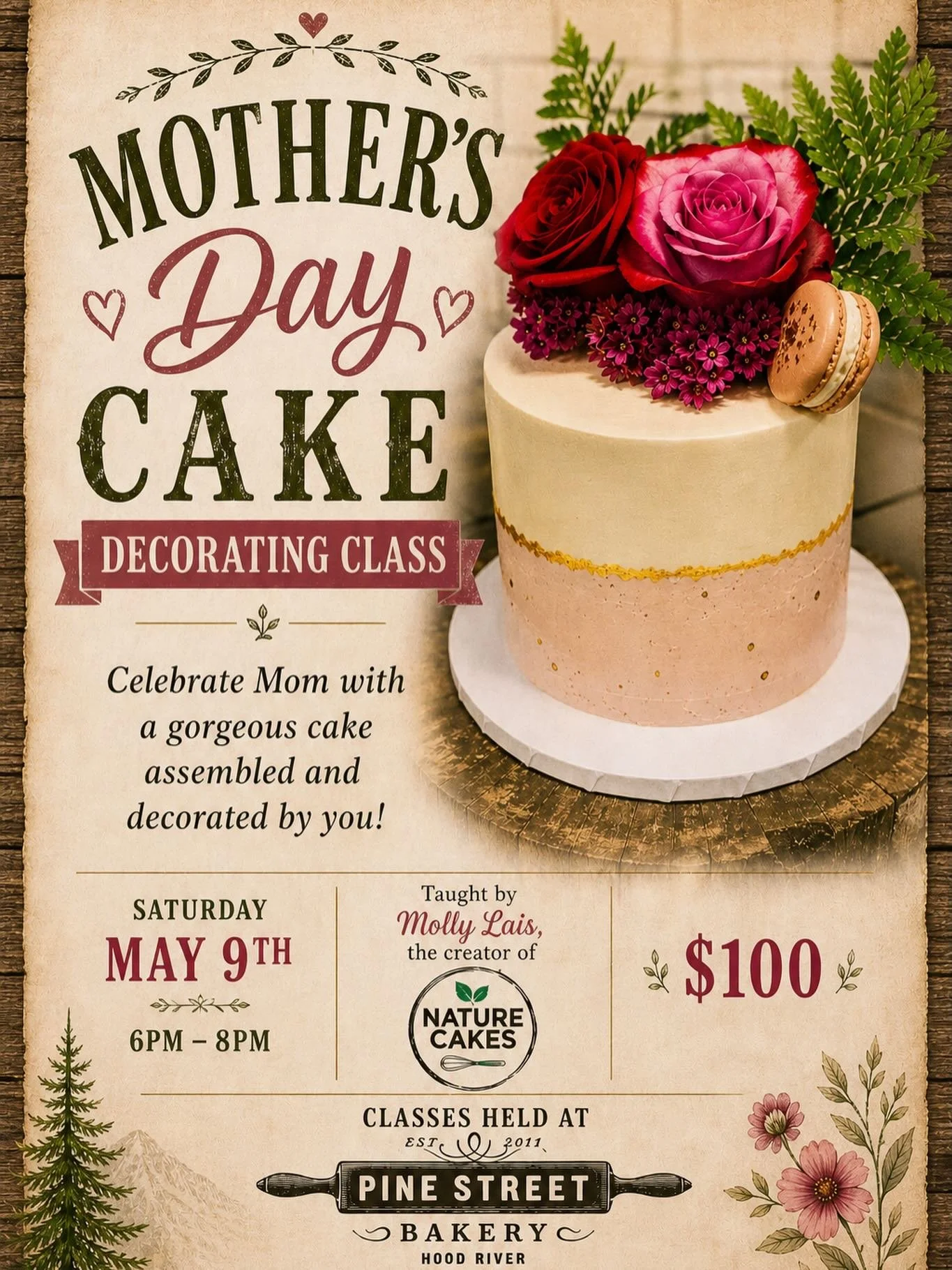 Molly Lais, the creator of @nature_cakes, will be teaching a cake decorating class this Saturday, May 9th at 6pm @pinestreetbakeryhoodriver. You will be taught how to stack, frost and decorate a gorgeous bouquet cake, similar to the cake pictured abo