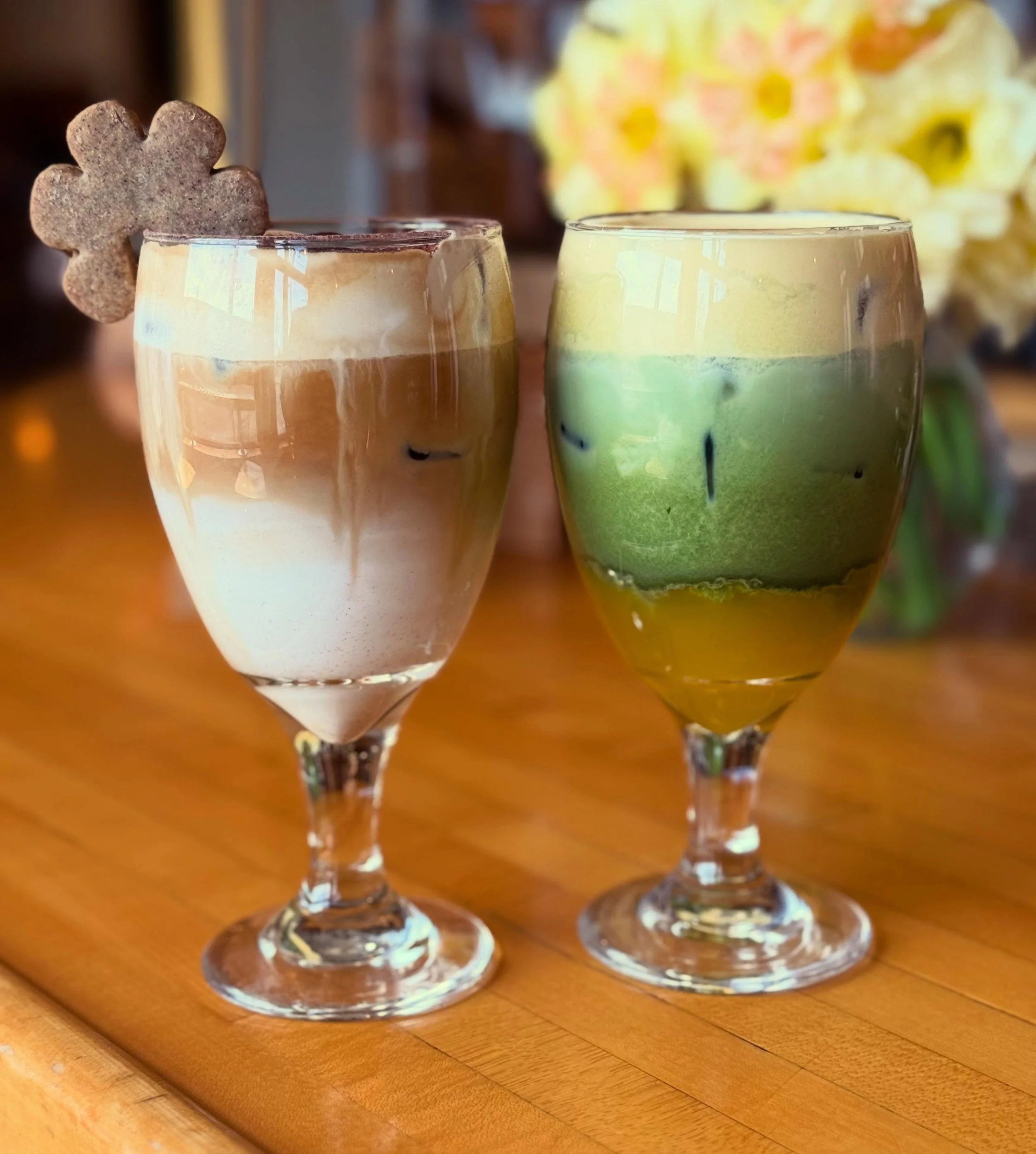 Have you tried the Spring drink menu?🌷Pictured is our Tiramisu Cold Cream Iced Latte &amp; our Iced Tropical Matcha. Come and check out the new menus!!

#hoodriver #hoodriveroregon #pinestreetbakeryhoodriver #cafe #coffeeshop