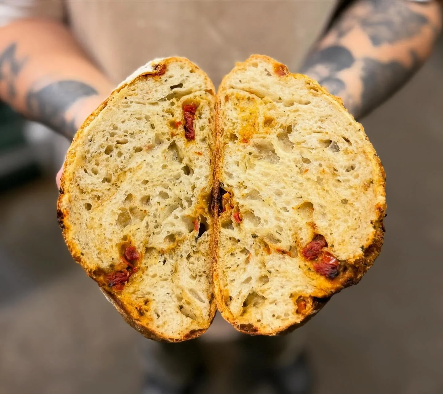 Our gorgeous Sun Dried Tomato &amp; Pesto Sourdough loaf. We sell this incredible loaf every Tuesday. Stop by and grab yourself a loaf or order ahead of time by emailing in your order to info@pinestreetbakery.com. Made by the hands that hold it!

#br