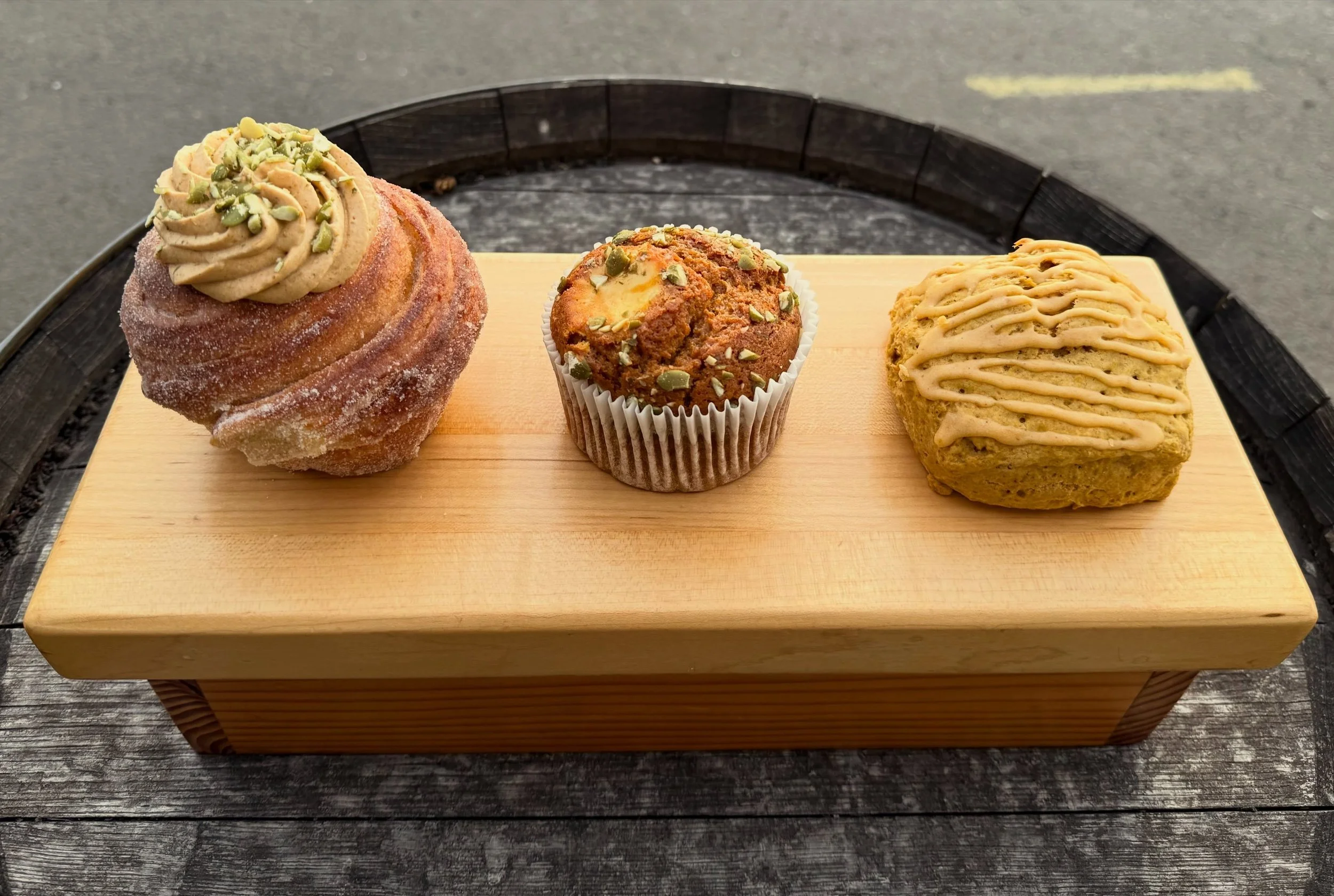 The pumpkin pastry line up! Pumpkin Pie Cruffin, Pumpkin Cheesecake Muffin and our Pumpkin Cream Scone! We have a lot of fall items trickling in. We will be starting our fall lunch menu tomorrow and our fall drink menu next week! Yay for fall!!!🍂

#