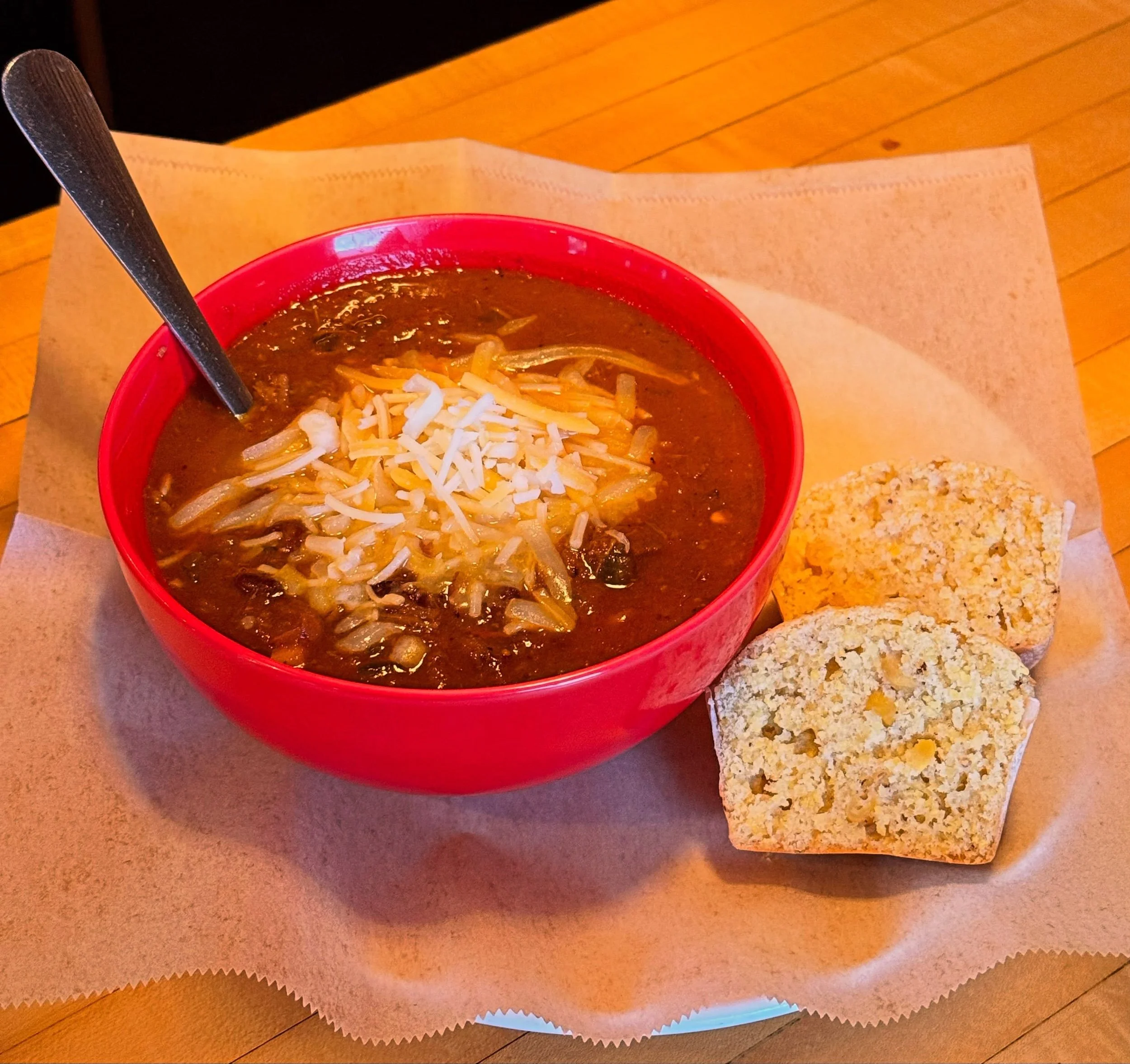 Soup is back! We have a new one on our list of soups for this season. Pictured is our Braised Beef Chili served with a Brown Butter Cornbread Muffin. We also have our Curry Squash made with locally grown Georgia Candy Roaster Squash. We love soup sea