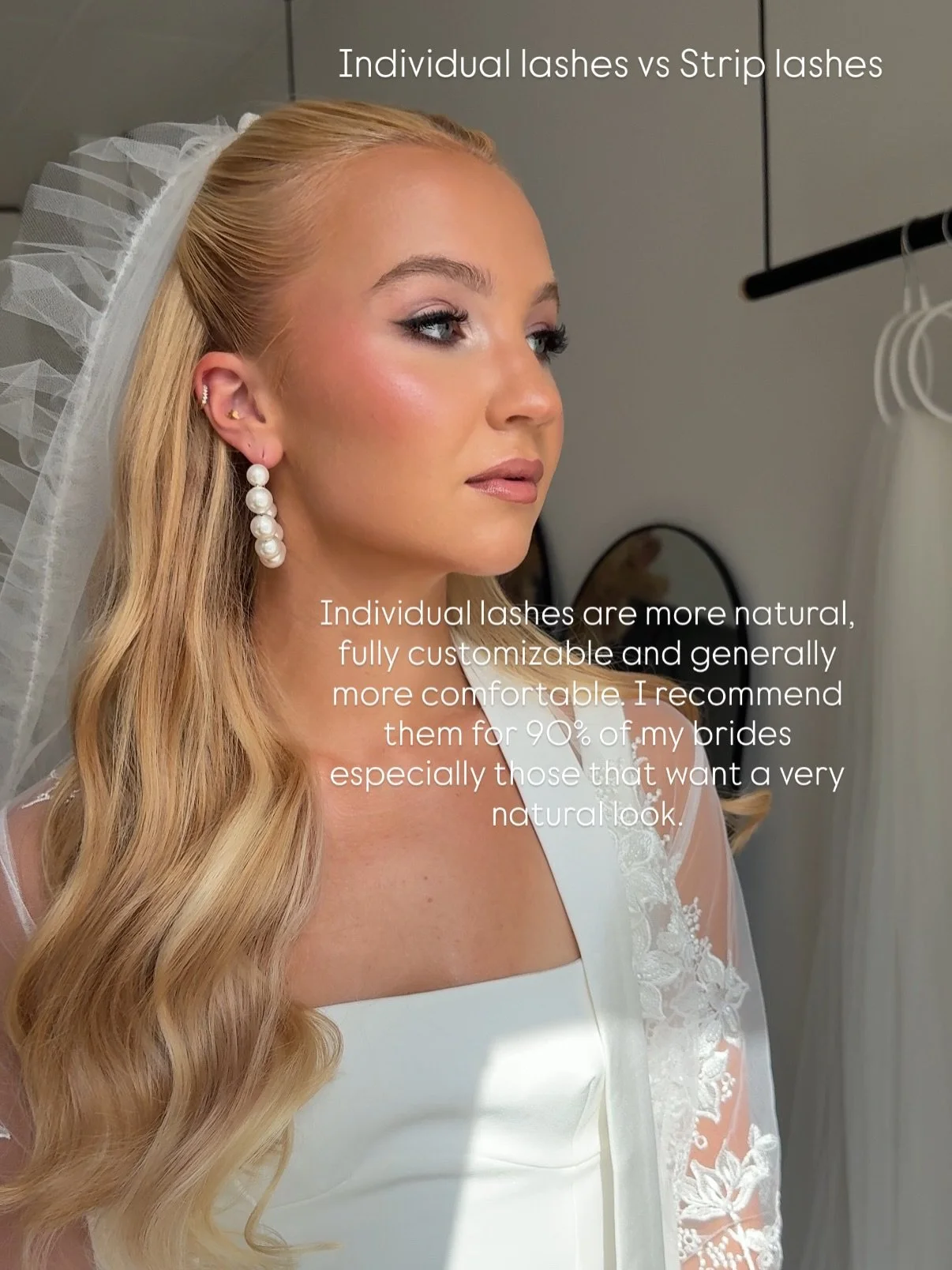 Let&rsquo;s talk lashes. Both individual and strip lashes have a place in my bridal makeup kit. While 90% of my bridal looks are done with individual lashes I do reach for strip lashes when the look calls for it. 

If you don&rsquo;t wear a lot of ma