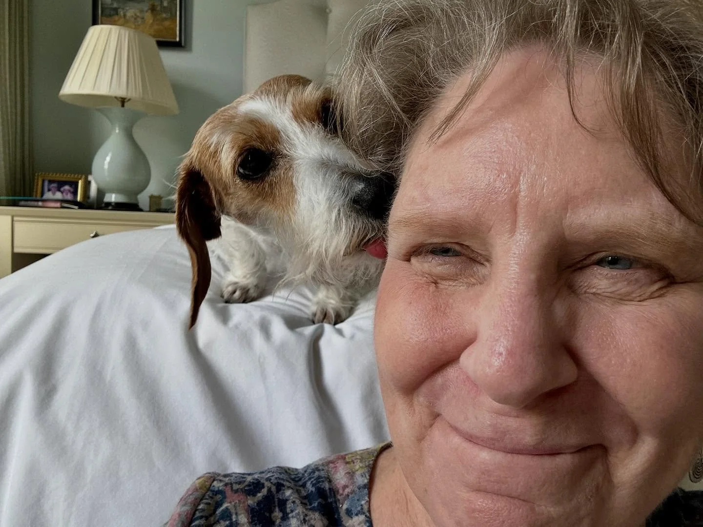 Sue gets an appreciative lick from a She&rsquo;s Wired client&rsquo;s dog! Just so glad all those devices are getting installed correctly! #petapproval #swclientpets #techthanks