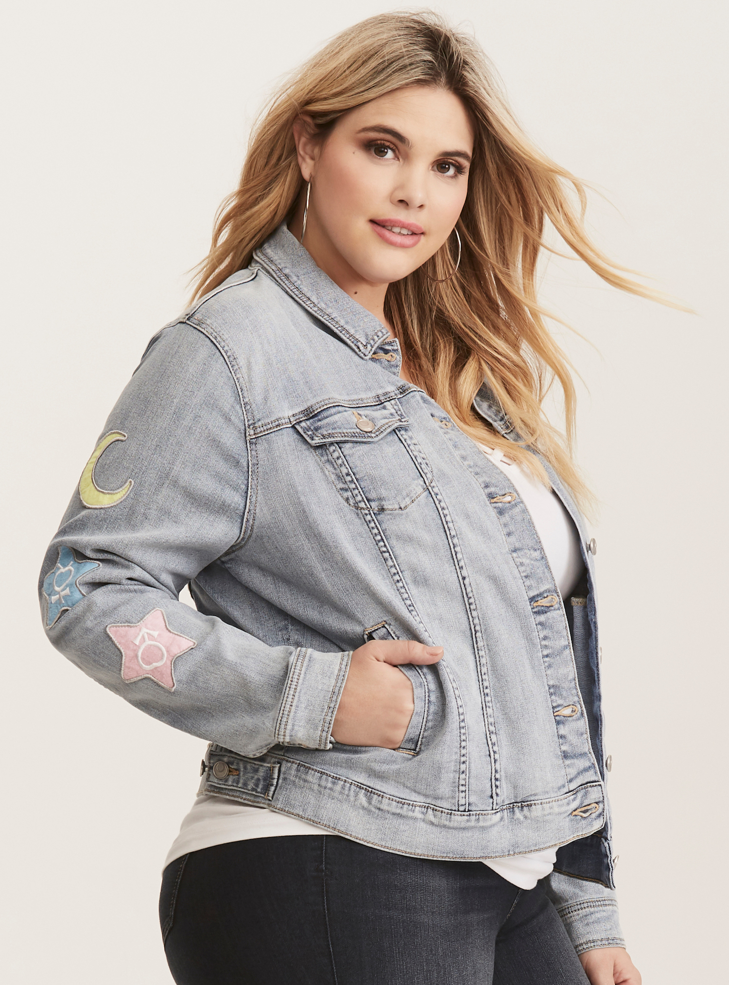 Patched denim jacket. Photo credit: Torrid