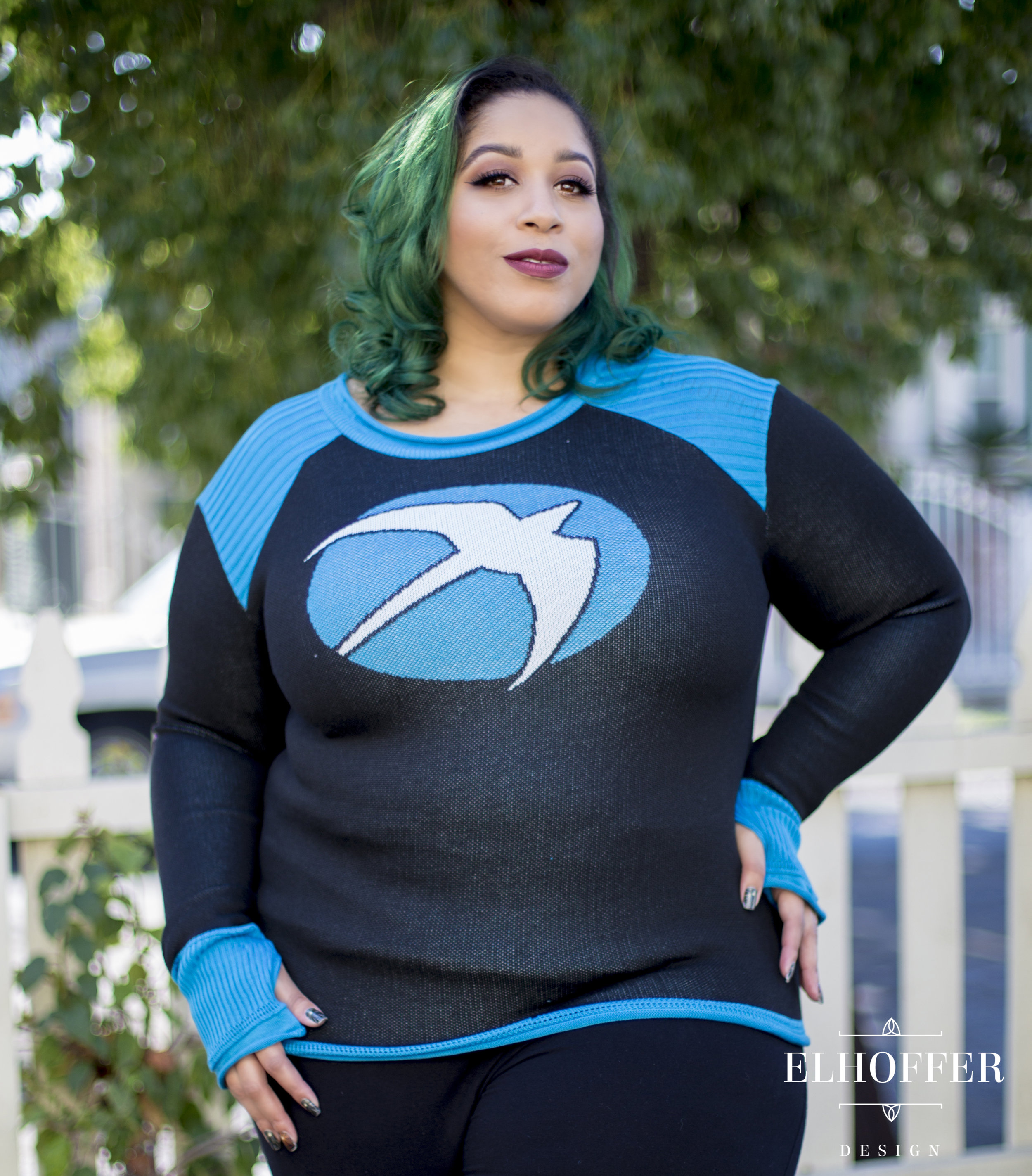 Dawn modeling a 2XL sweater. Photo credit: Elhoffer Design