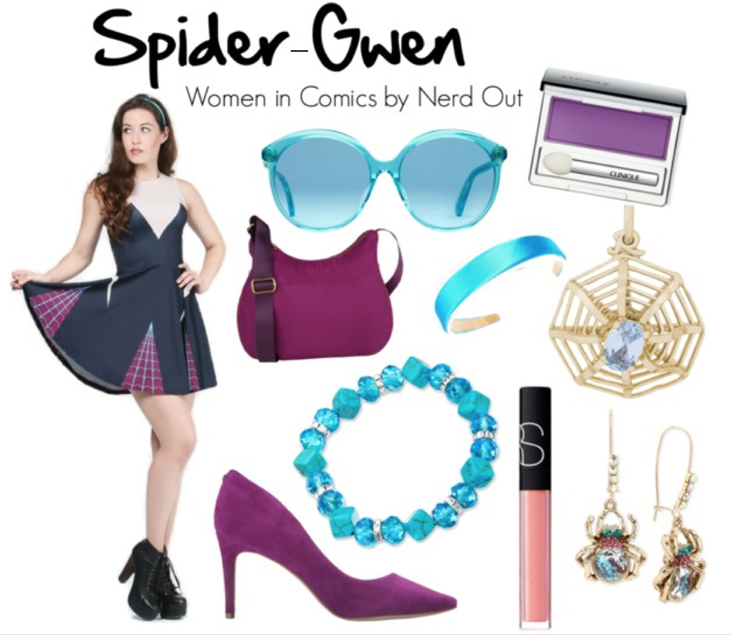 Spider Gwen by nerdout featuring Betsey Johnson GUESS high heel shoes / Suvelle travel purse crossbody / Betsey Johnson earrings / Bling Jewelry blue jewelry / Rembrandt Charms crystal charm / Gucci transparent sunglasses / Clinique eyeshadow / NARS Cosmetics glossier lip gloss / Amazon.com: 1" Girls Satin Headband (Turquoise Blue): Clothing