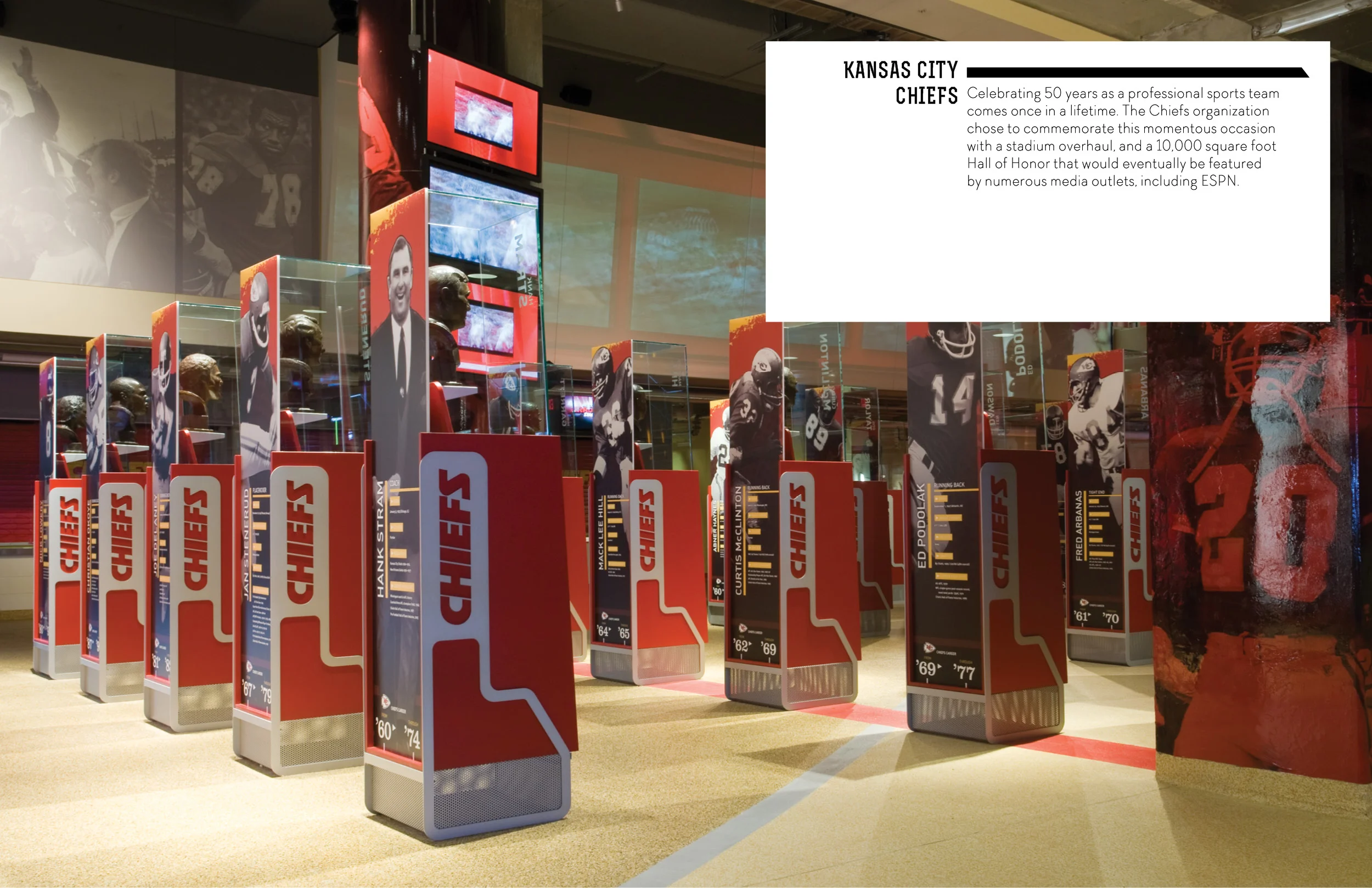   Deliverables &nbsp;  Environmental Graphics  &nbsp; &nbsp; &nbsp;[Murals, Displays, Interactive Support, Casework]  &nbsp;  60 Cases &nbsp; &nbsp; &nbsp;[38 Individual Players] 11 Main Displays 6 Double Projection Screens 12 Large Format TVs 6 Inte