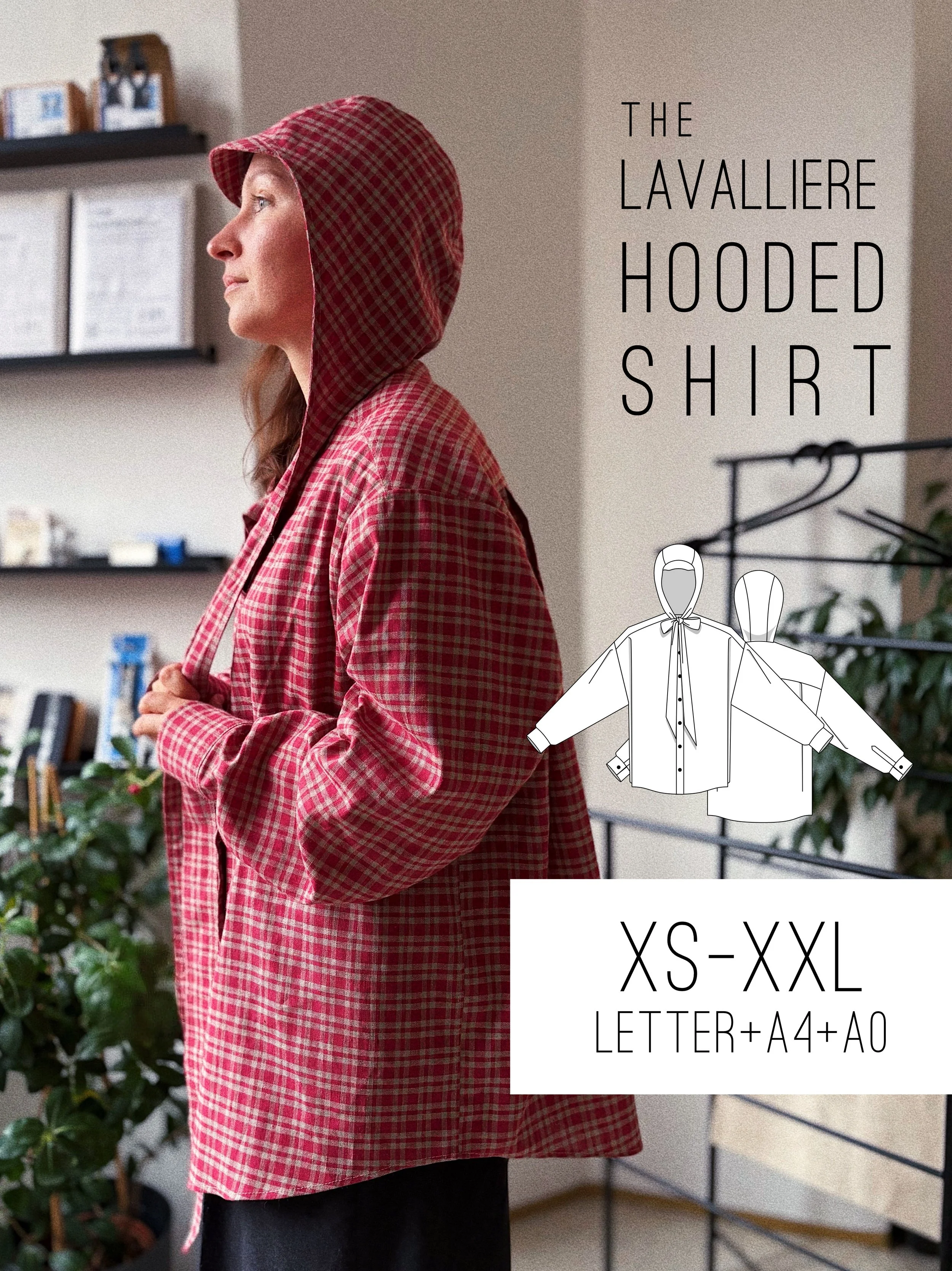 Lavalliere Hooded Shirt Sewing Pattern, Unisex Oversized Tie Hooded Collar (Digital Download)