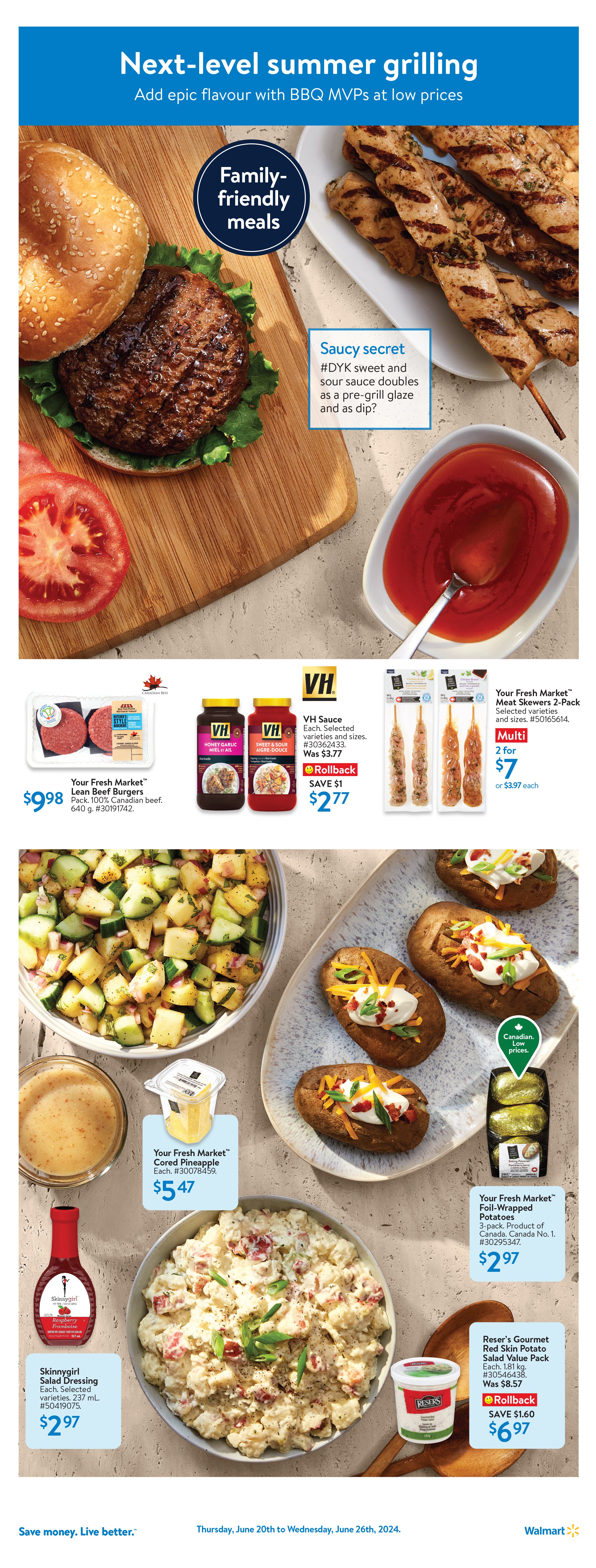Walmart Canada, digital flyer, digest, spotlight, grilling, summer, food, bbq, burger, skewers, hotdog, sausage, fries, fruit salad, iced coffee, art direction, food photography