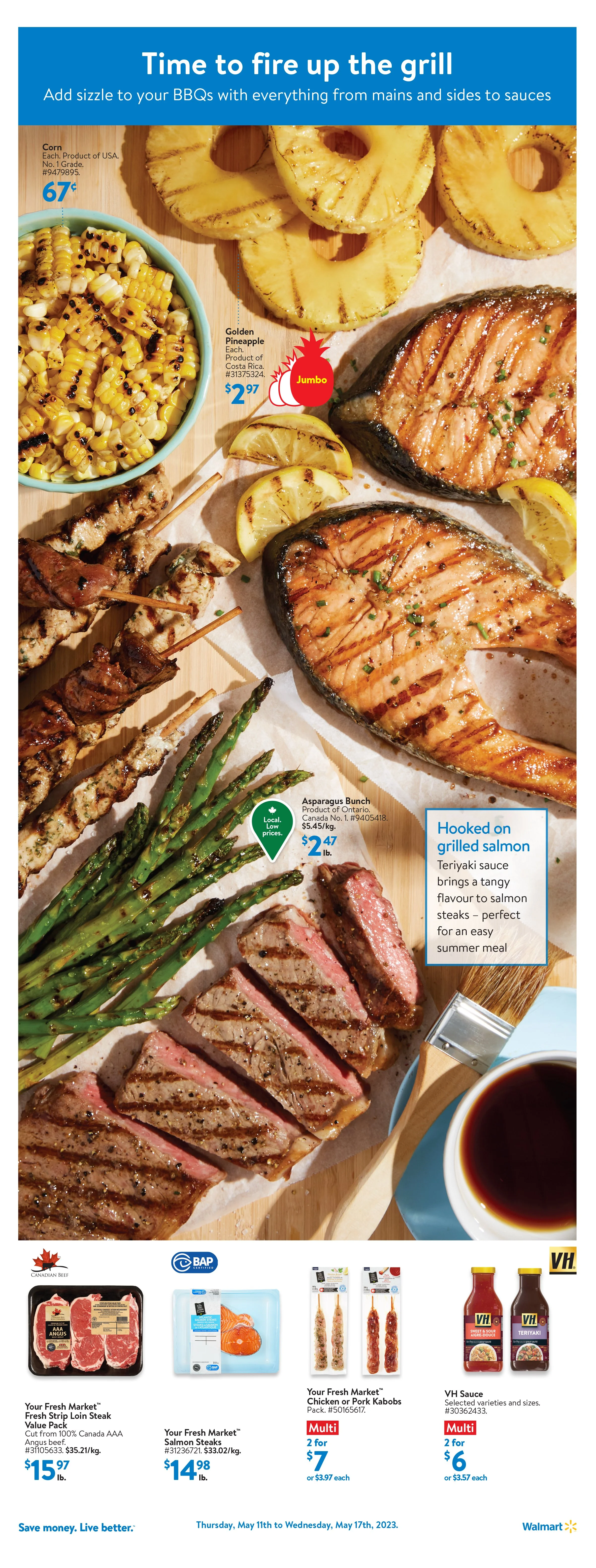 Walmart Canada, digital flyer, digest, spotlight, grilling, summer, food, bbq, burger, skewers, hotdog, sausage, fries, fruit salad, iced coffee, art direction, food photography
