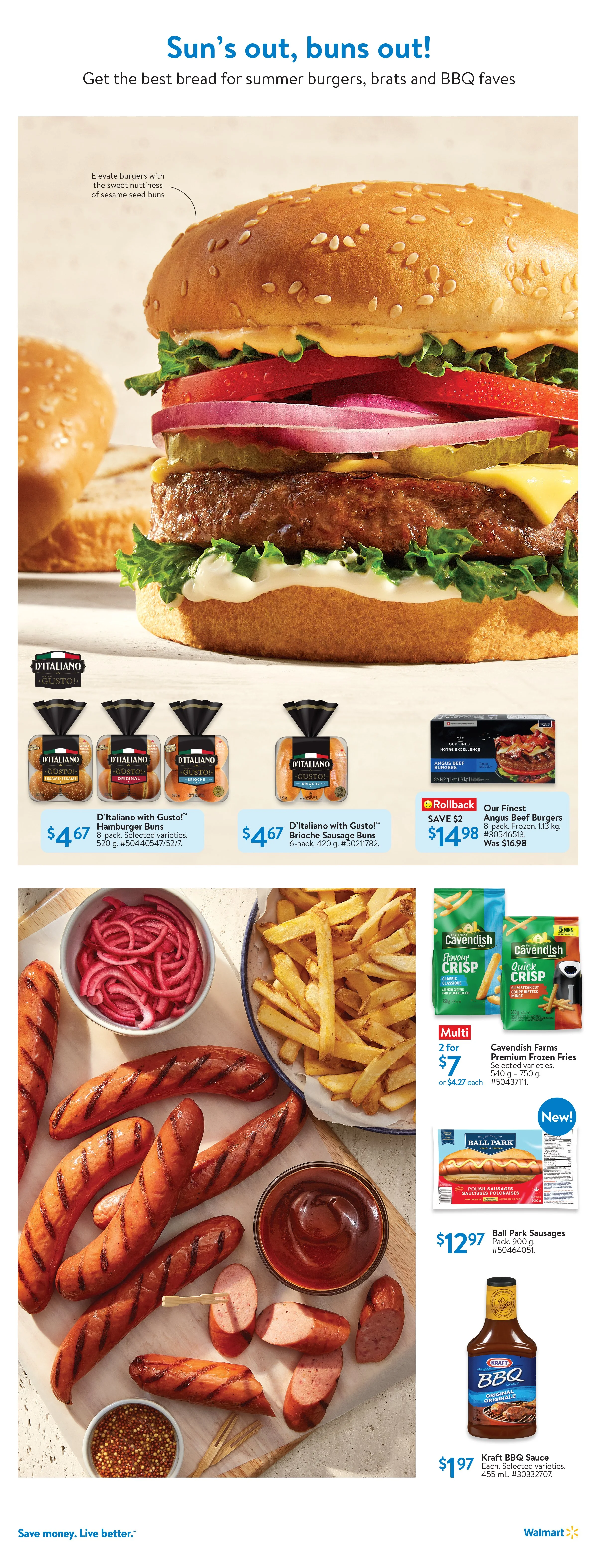 Walmart Canada, digital flyer, digest, spotlight, grilling, summer, food, bbq, burger, skewers, hotdog, sausage, fries, fruit salad, iced coffee, art direction, food photography