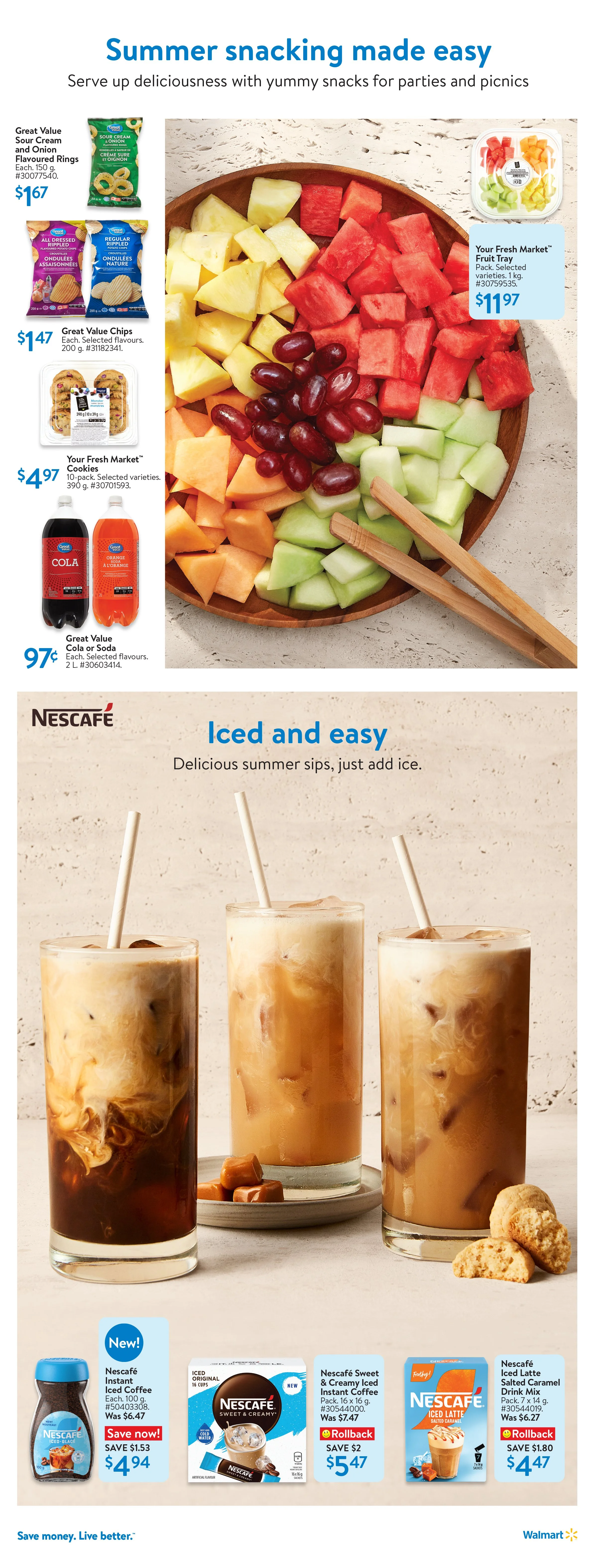 Walmart Canada, digital flyer, digest, spotlight, grilling, summer, food, bbq, burger, skewers, hotdog, sausage, fries, fruit salad, iced coffee, art direction, food photography