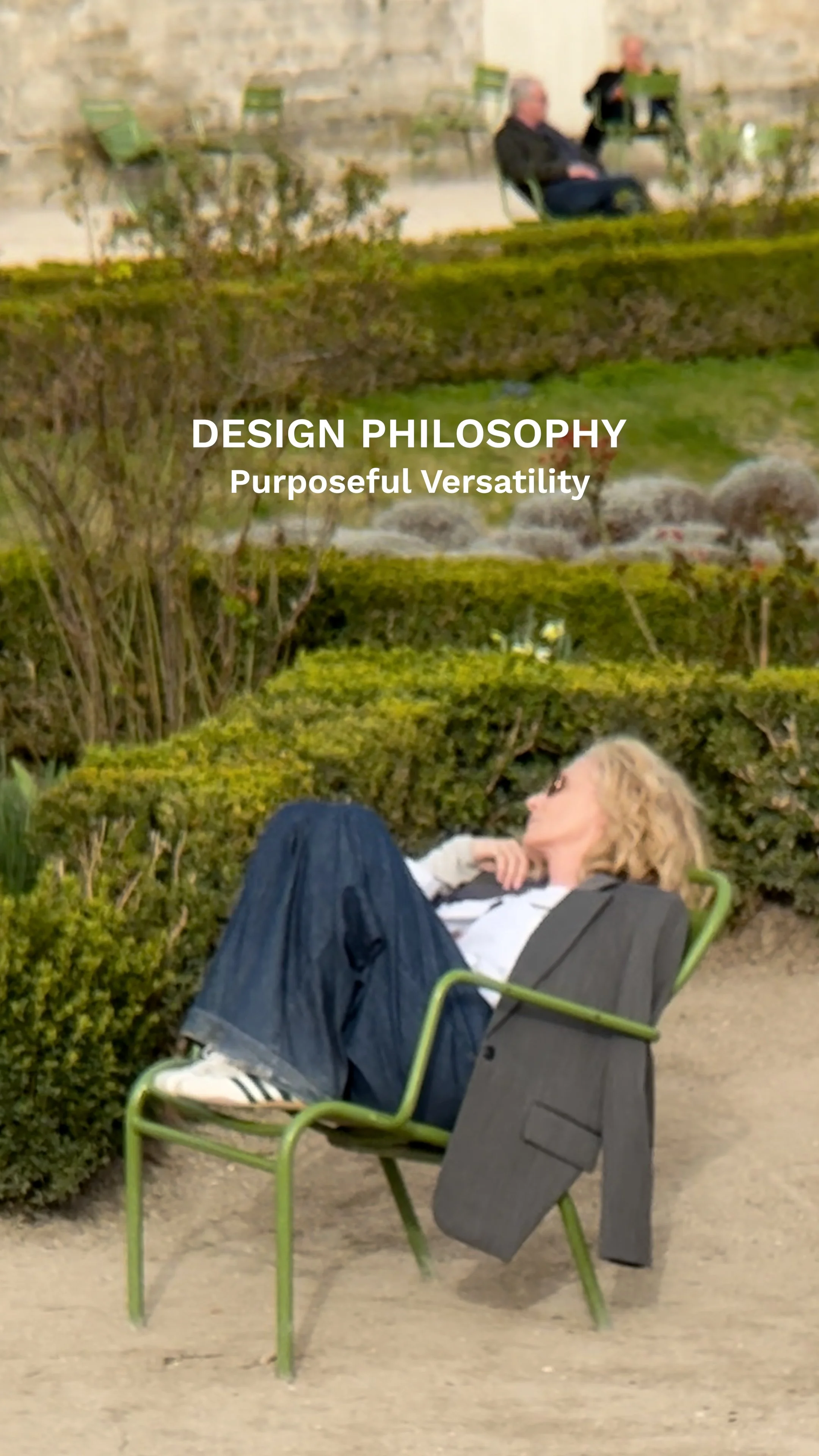 Trish Wescoat Pound in the Tuileries Garden sitting on a green chair