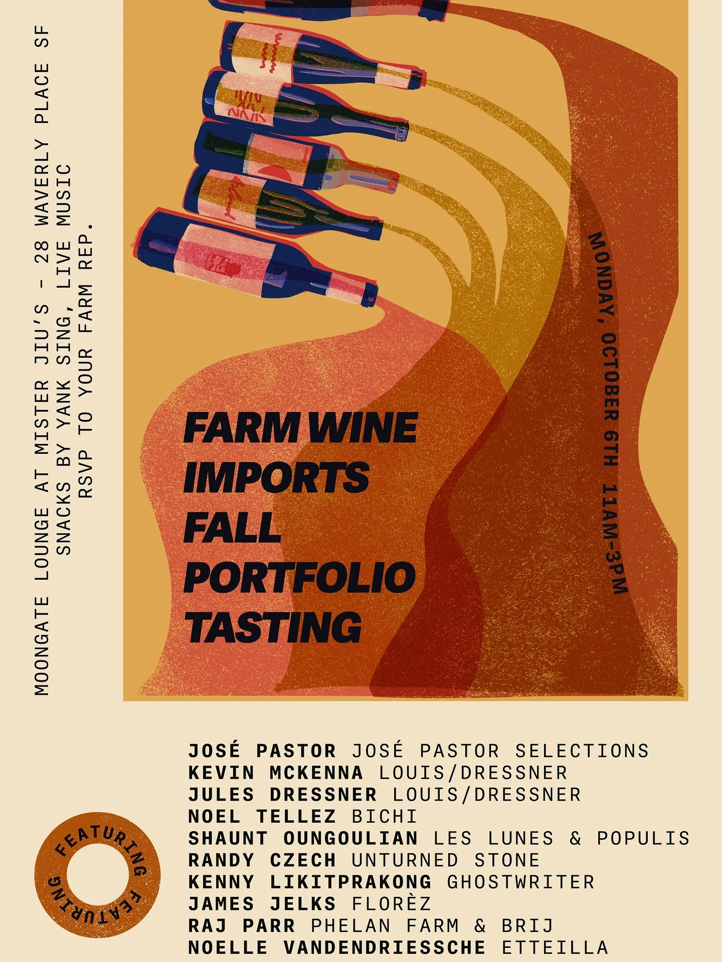 🍾 Monday, October 6th!! You only see this lineup once a year. Let us know if you&rsquo;ll be joining us. 

@josepastorselections - Jose
@louisdressnerselections - Kevin &amp; Jules
@bichiwines - Noel 
@lesluneswine - Shaunt
@unturnedstonewine - Rand