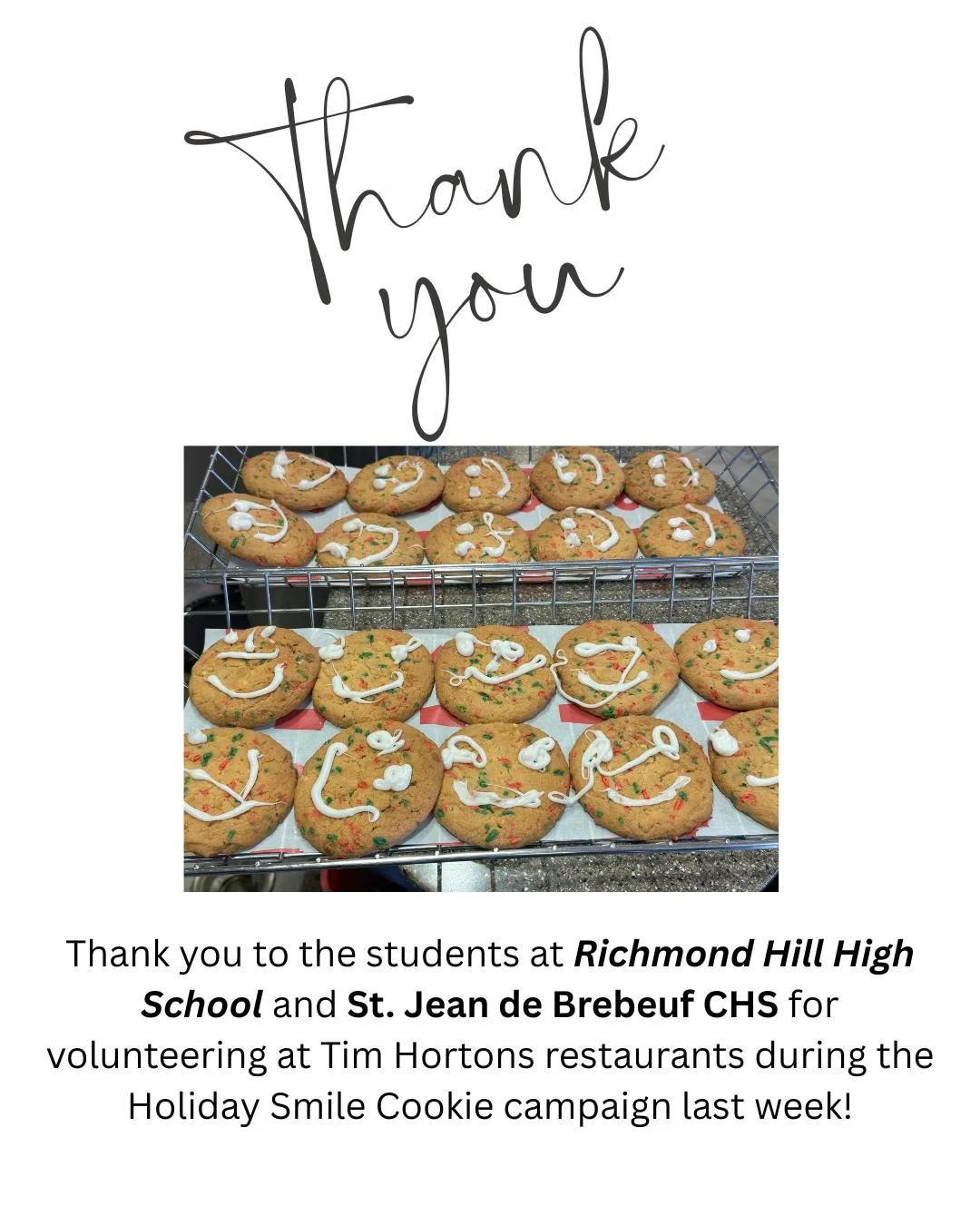A huge thank you to the amazing students from @rhhs_yrdsb  and @st.jeandebrebeufchs for volunteering during the Tim Hortons Holiday Smile Cookie campaign, and thank you to the teachers/staff who organized everyone.
Your kindness, energy, and teamwork