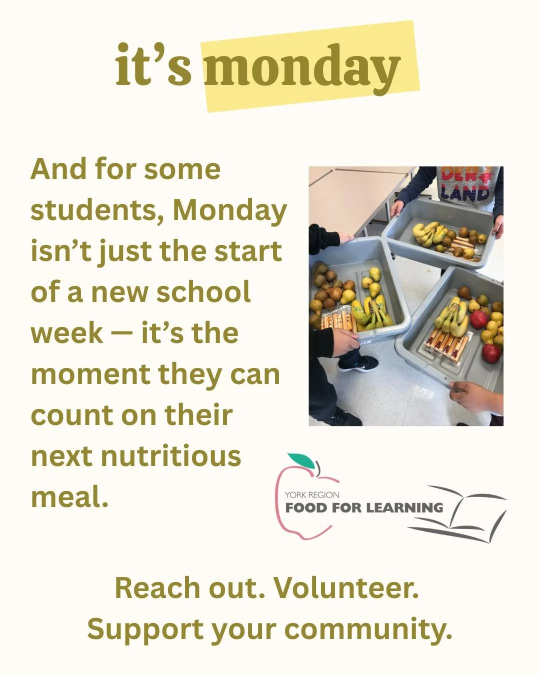 💛 Mondays Matter 💛

Student Nutrition Programs help ensure that every child has access to the food they need to learn, grow, and succeed &mdash; especially after the weekend.

🥣 Breakfasts that spark focus
🥪 Lunches that fuel the day
🍎 Snacks th
