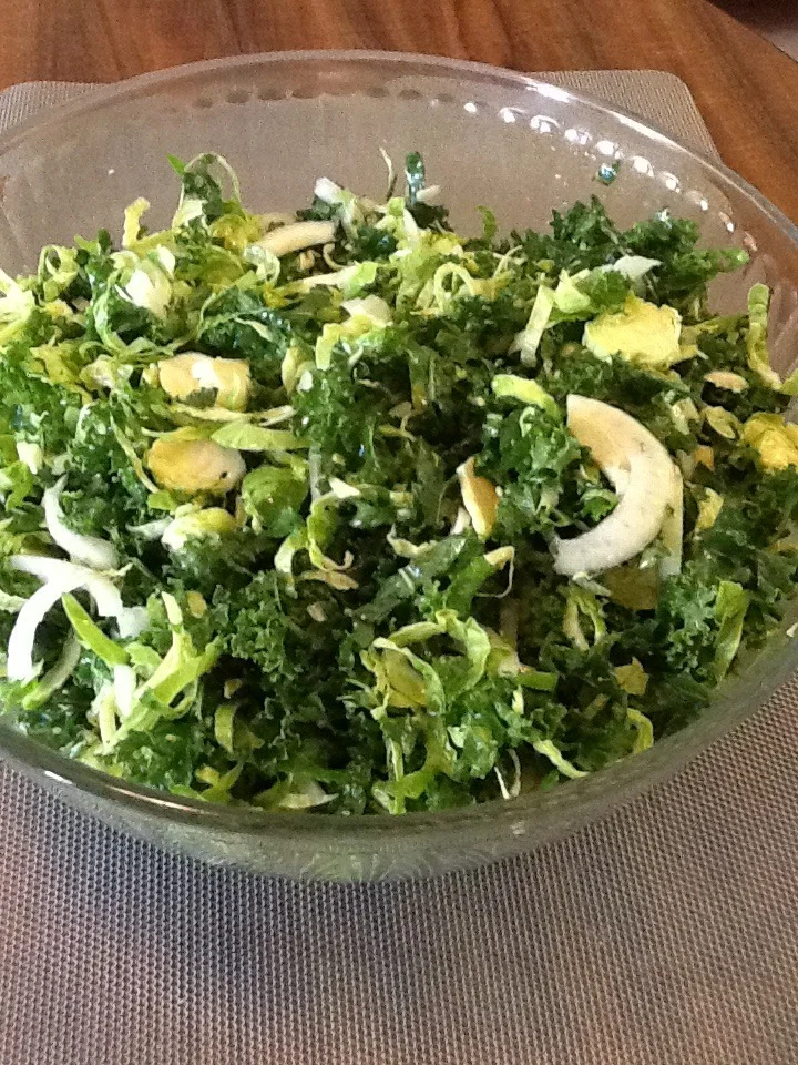 This is an adaption of a salad made by Giada De Laurentiis.
I served it the other night and everyone thought it was delicious.
Having a Food processor helps. But you can make it without.
1 bunch of kale. Chopped very fine.
2 bulbs of fennel. Sliced very thin.
10-12 brussel sprouts, sliced very thin
1 large cucumber , sliced thin
Mix all together.
Dress with ¼ cup olive oil and the juice of 1 lemon.
It’s best to dress this salad at least 3 hours before serving.
