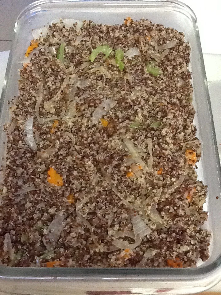Here is another version of a quinoa pilaf that I made recently.
It was a big hit, especially for those who have not eaten quinoa before.
1 cup quinoa
2 cups vegetable stock
½ tsp sea salt
2 TBSP olive oil
1 small onion, thinly sliced
1 stalk of celery, thinly sliced
1 carrot, peeled and sliced
In a medium pot, heat the oil. Add the onion and cook for 5 minutes. Add the celery and carrot. Cook an additional 3 minutes. Add the quinoa, stock and season with the salt. You can use black pepper to taste. Cover and cook for about 15 minutes until the quinoa is done. Using a fork, fluff it up. Transfer to a serving plate and serve.
Note: I made this in the morning and warmed it up in a 350 oven for about 10-12 minutes.