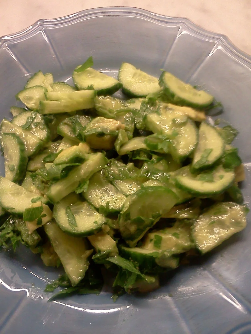 Cucumber Avocado Salad
1 cucumber, seeds removed, sliced in half to create half moon shape
1 avocado cubed
1 handful of fresh parsley
Mustard Dressing
1 tsp. Dijon style mustard
1 Tbsp. apple cider vinegar
3 Tbsp Olive Oil
Mix together and pour over the salad. Enjoy, this is really cool and soothing.