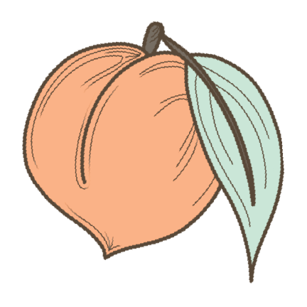 A drawing of a peach with a green leaf and a stem.