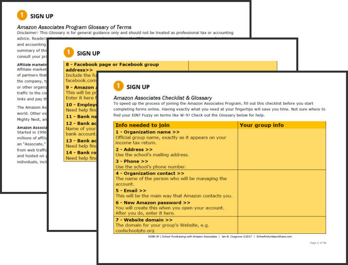 Screenshots of a checklist created to help PTOs / PTAs and other school groups join the Amazon Associates Program plus a glossary of terms related to Amazon Associates Program, Amazon Smile, and Amazon School Rewards.