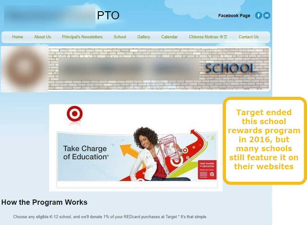 Example of a school that is still showing links to an online fundraiser that has closed.