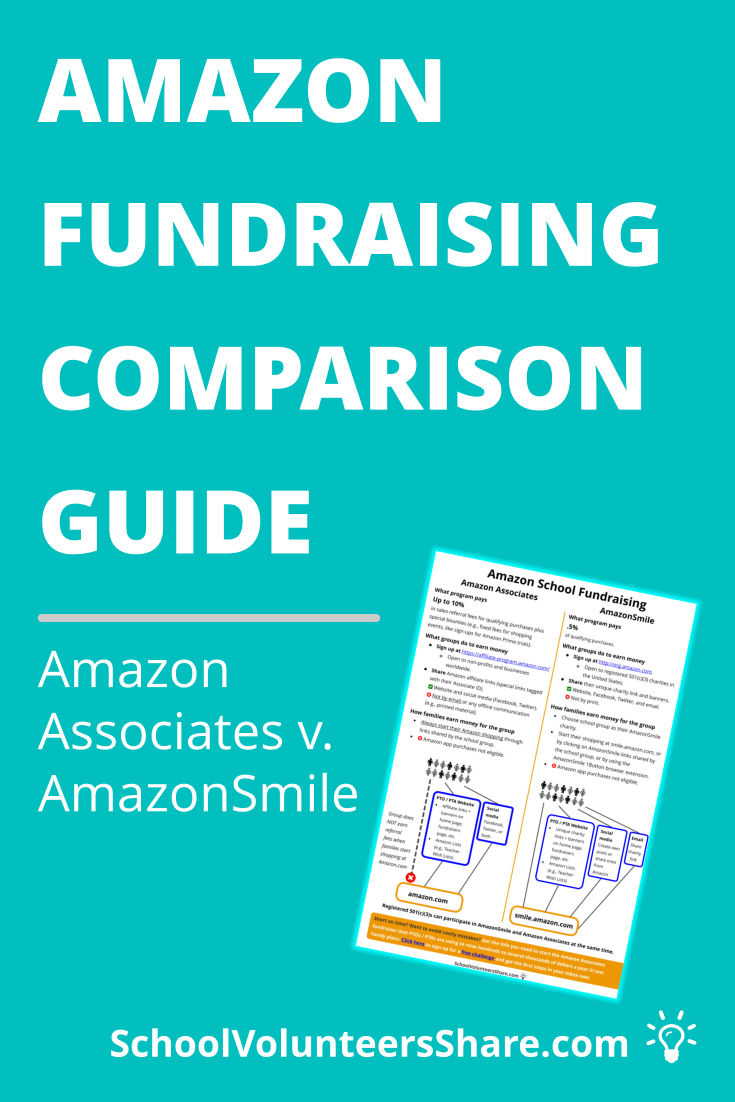 Amazon School Fundraising Comparison Guide: Amazon Associates v. AmazonSmile. PTOs, PTAs, and other school groups that are registered 501(c)(3) charities have two Amazon online fundraising options: AmazonSmile and the Amazon Associates Program. This visual guide compares the differences. #SchoolVolunteersShare #PTO #fundraising #fundraiser #schoolfundraiser