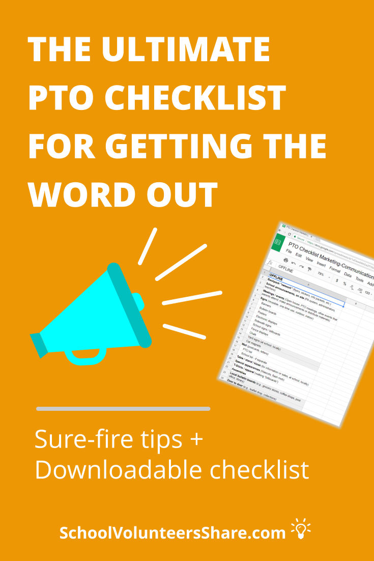Comprehensive, cover-all-your bases PTO marketing and communications downloadable checklist. By getting the word out to families using all your communication channels, you’ll get better results from your fundraisers and more participation in events and more volunteers. #pto #SchoolVolunteersShare