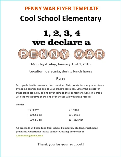 Penny war fundraiser flyer template for PTO school groups.