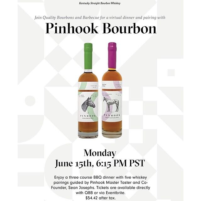 We had another amazing event last night! We are getting ready for our 3 course, 5 whiskey @pinhook_bourbon Zoom on Monday 6/15 with Sean Josephs, Co-Founder and Master Taster!  Give us a call or check it out on EventBrite.com.  We will be doing this 