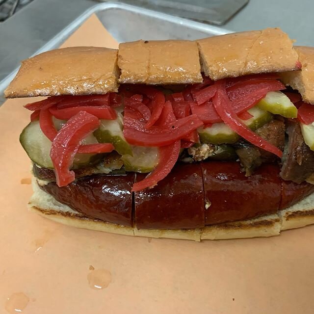 New menu items!  We added our &ldquo;Dog City Dog&rdquo; the other night after trying it. Sliced smoked pork hot link, bbq glazed-sausage and cream cheese stuffed-bacon wrapped-jalape&ntilde;o, pickled red onion, pickled cucumber, French roll.  Some 