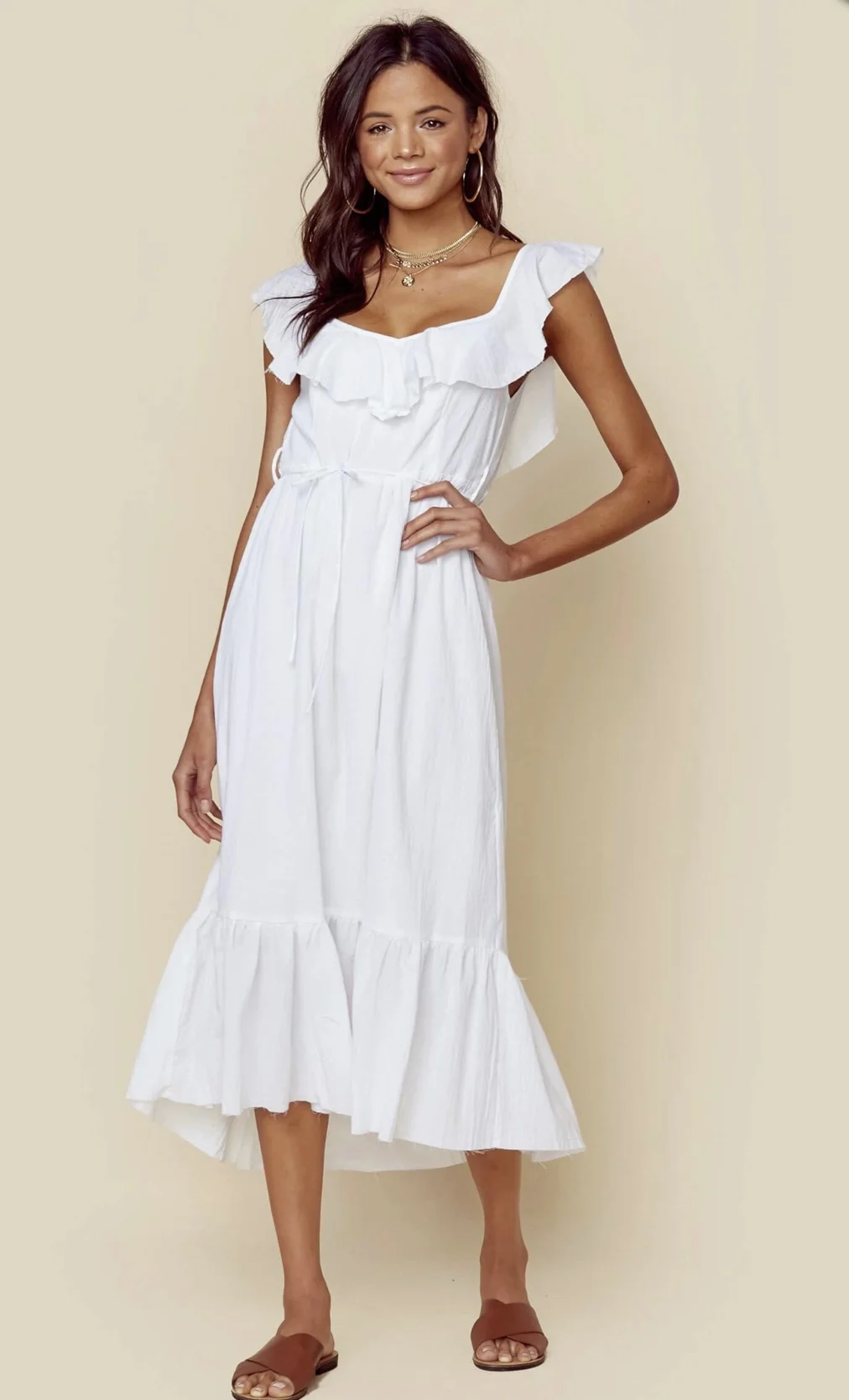 Planet Blue The Rue Stiic Clara Maxi Dress The Rue Stiic Clara Maxi Dress from Planet Blue features gorgeous ruffles for that beautiful bohemian look. This romanatic dress features a waistline belt to give you shape and a deep V neckline! Pair this with red sunglasses and greek sandals for a perfect holiday look.