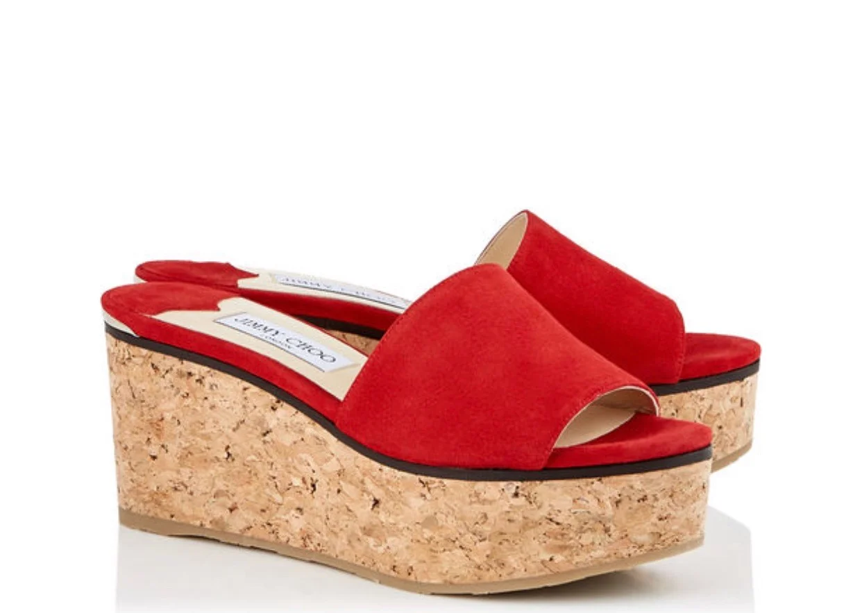 Jimmy Choo DEEDEE 80 WEDGE The DeeDee 80 wedges from JC are the perfect pop of color to any summer ensemble. Designed with a chic wearable heel and ribbed rubber sole, this style ensures comfort as well as style. Perfect to pair with everything from jeans to dresses.