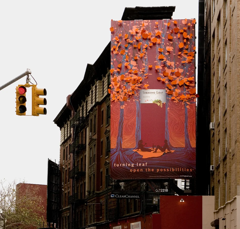 Turning Leaf 3D billboard with layered autumn leaves in New York City