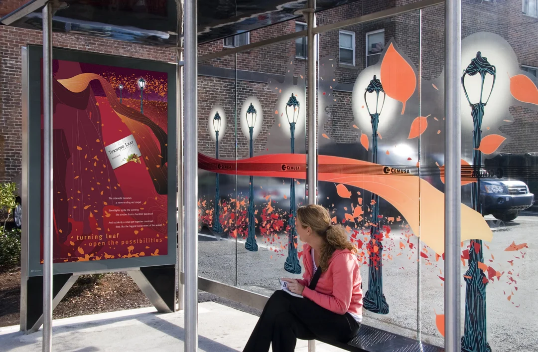 Detail of Turning Leaf billboard showing 3D leaves and layered design