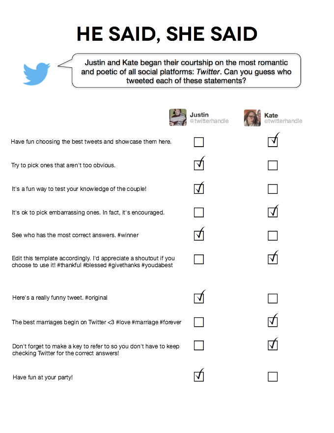 He Said, She Said Bridal Shower Game Printable — The Modern Austen