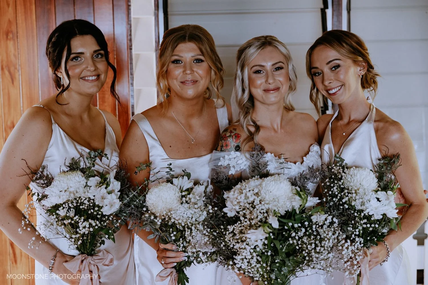 A luminous bridal makeup look designed for a bridal party in the Sunshine Coast Hinterland. This artistry focuses on breathable, high-definition skin and a refined soft-glam finish that transitions beautifully from the ceremony to the reception. With