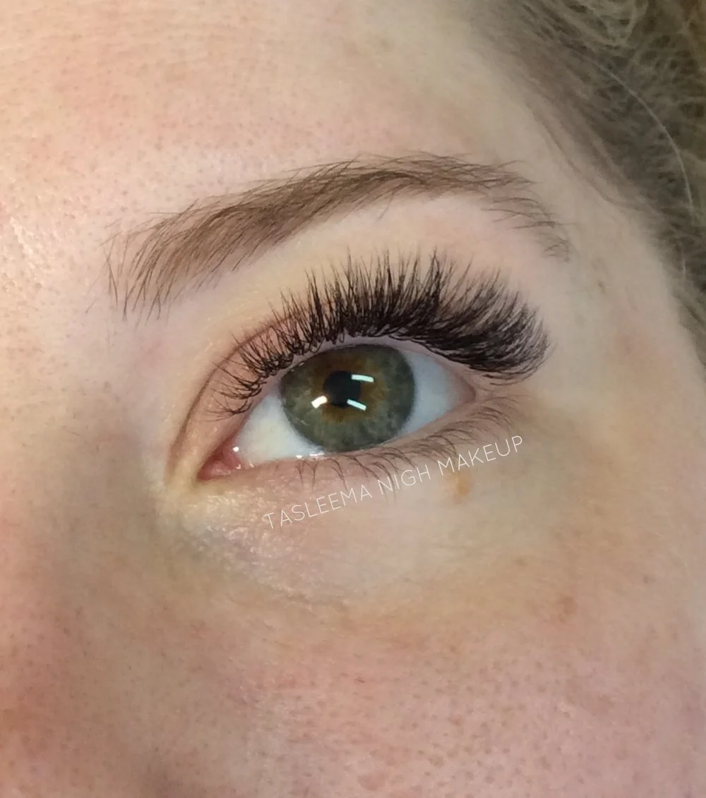 A detailed closeup of a bespoke lash extension application by Tasleema Nigh, showcasing a natural, refined finish and the precision of a master lash artist on the Sunshine Coast.