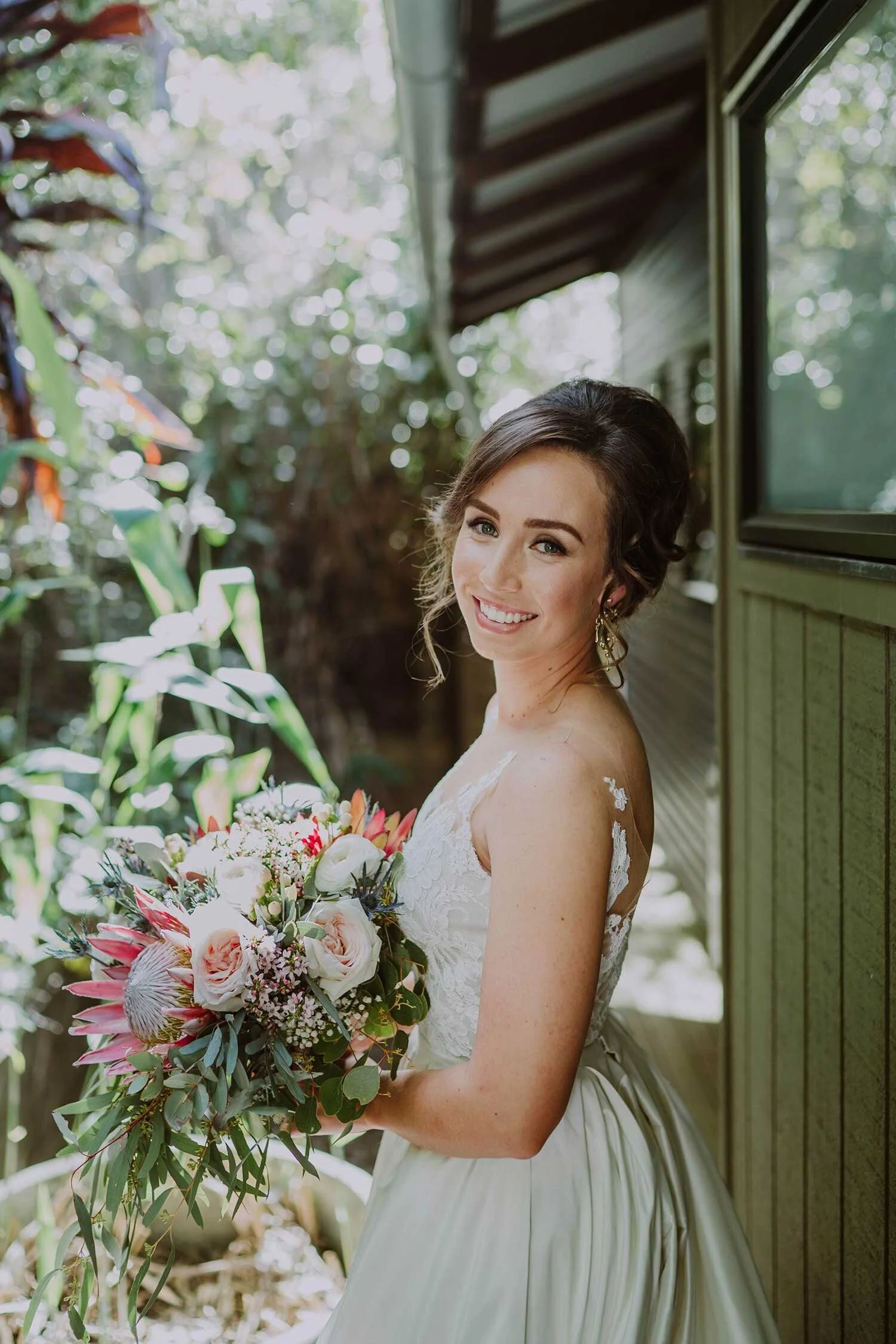 A stunning bridal makeup look by Tasleema Nigh, specialising in refined and luminous wedding artistry for brides in Noosa, Maleny, and the Sunshine Coast.