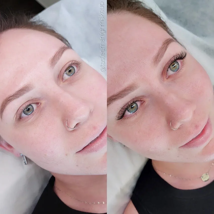 A professional before and after comparison of a bespoke lash extension set by Tasleema Nigh, showcasing a refined and natural transformation for a Sunshine Coast client.