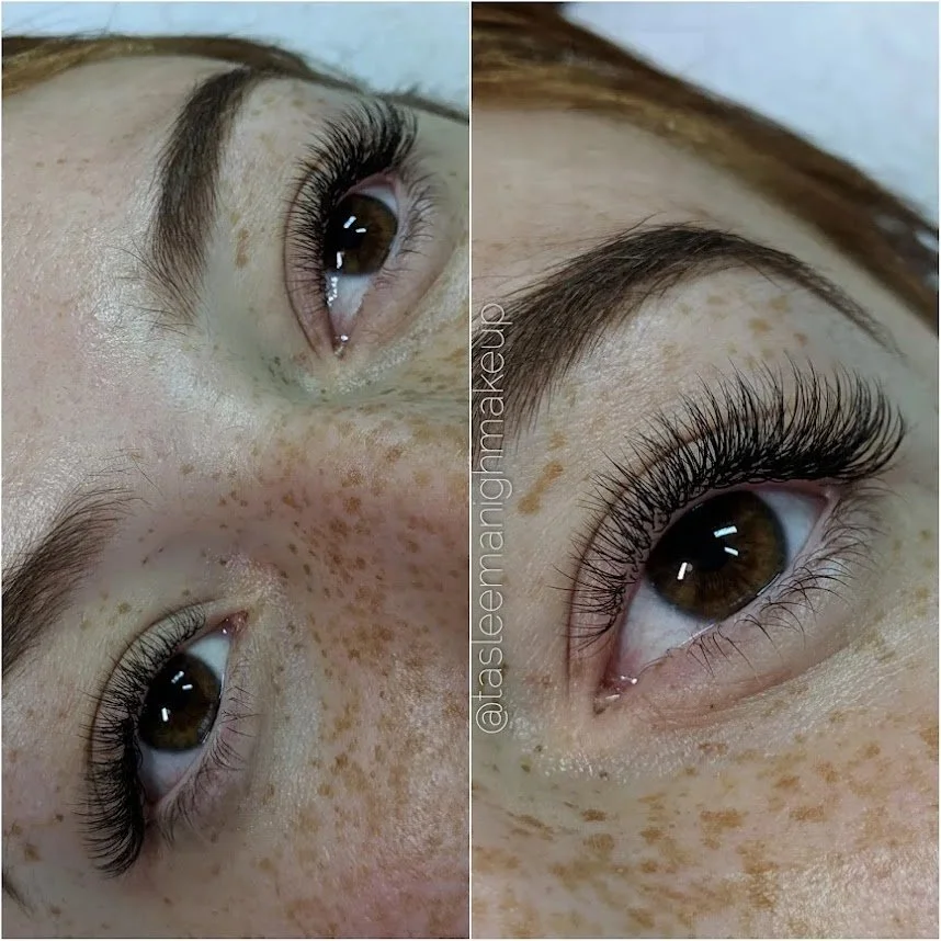 A side-by-side detail of a Mixed lash set by Tasleema Nigh. This signature hybrid technique blends classic and volume lashes for a textured, multidimensional, and refined finish.