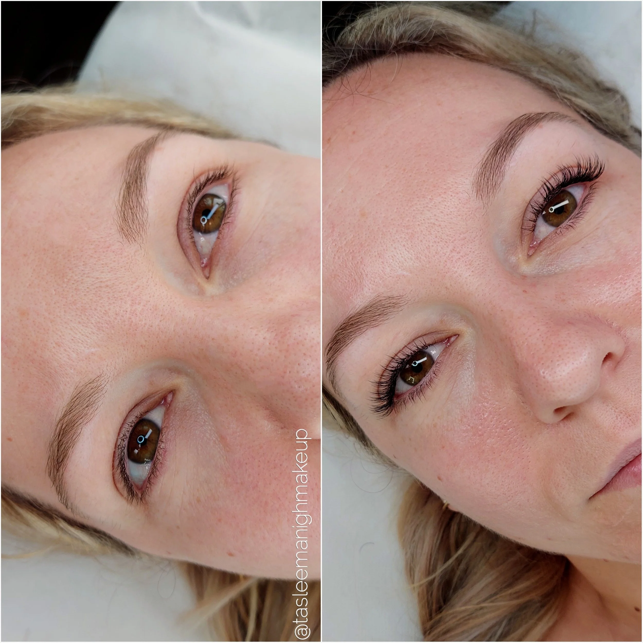 A professional before and after lash extension transformation by Tasleema Nigh. This set demonstrates the weightless volume and sophisticated eye-opening effect achieved through master-led lash artistry.