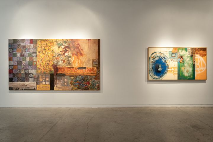 Left: Mohammad Omer Khalil , The Moor's Last Sigh, 2010 - 11, Oil and collage on board, 71.25 x 126.75 in. Right: Mohammad Omer Khalil , You Don't Have to Be II, 2003, Oil and collage on canvas, 44 x 80 in.