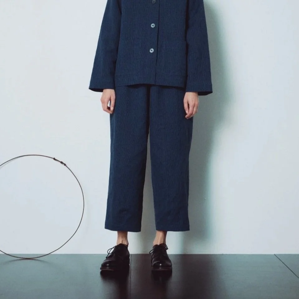 Muku SS26 - Indigo Gingham Patterned Cotton Tapered Trousers with Back Pockets