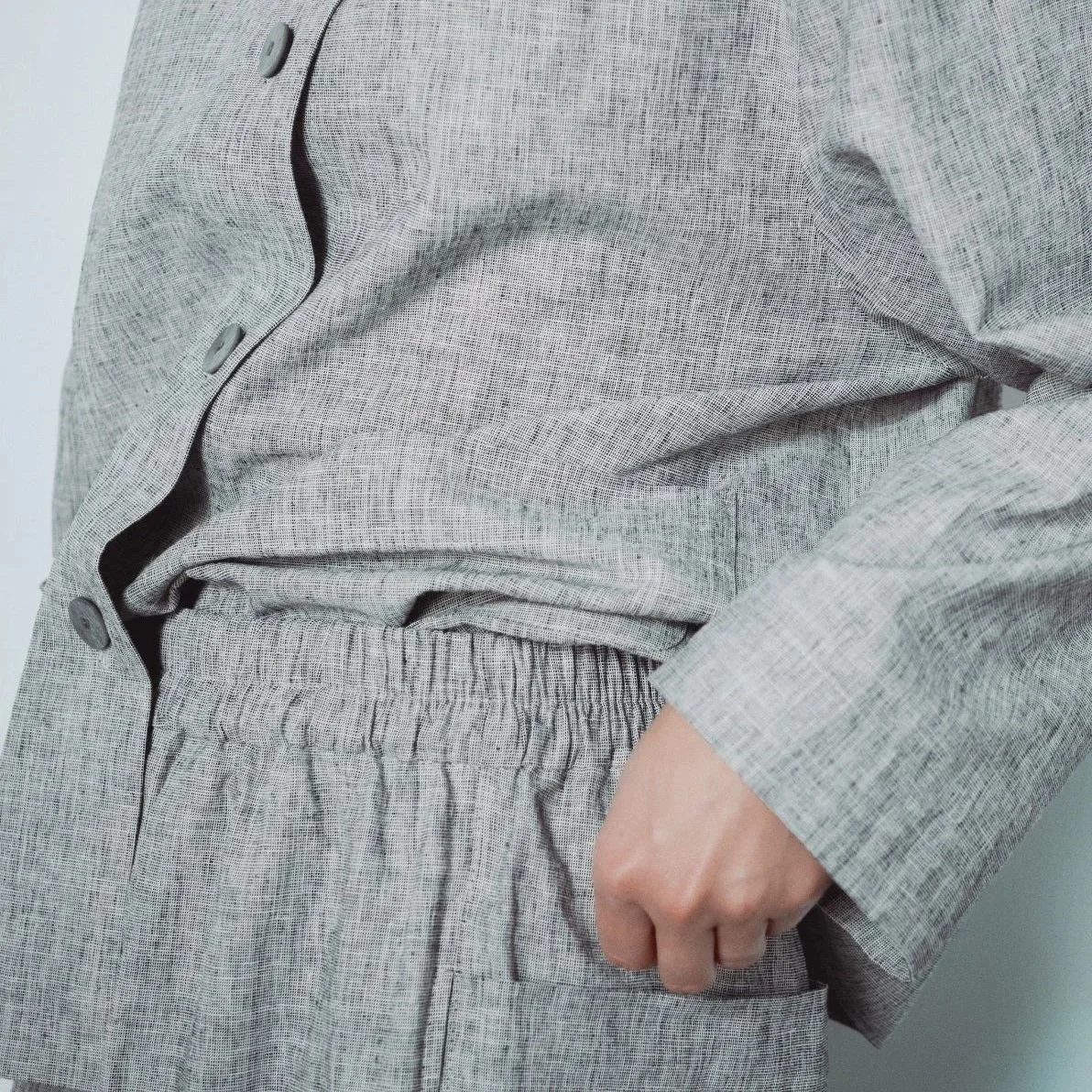 Muku SS26 - Light Grey Patterned Cuffed Hem Wide Trousers - Elasticated Waist Detail